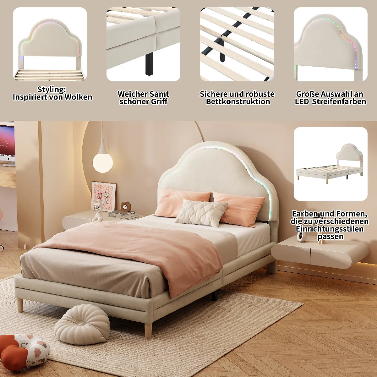 KOMHTOM Lit rembourré enfant LED