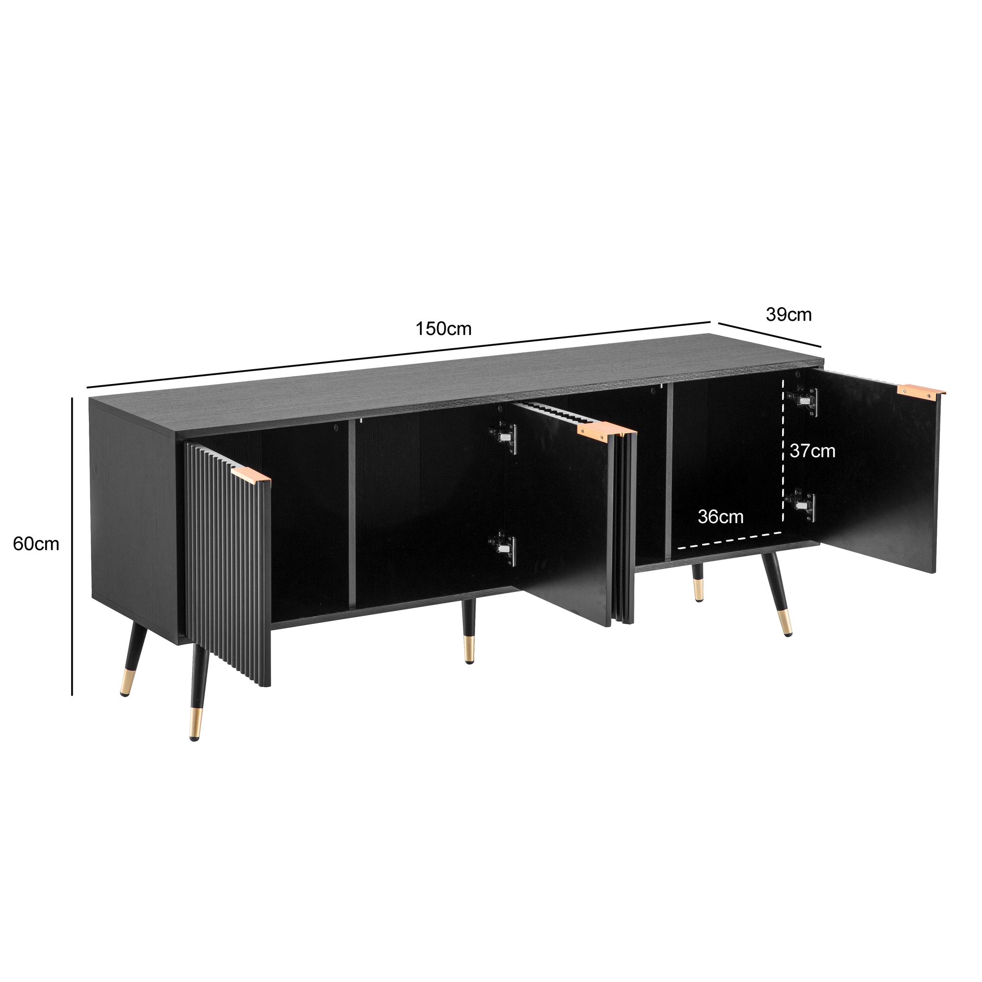 Lowboard FineBuy TV Schrank 150 cm Schwarz Türen Fernsehkommode Eiche Modern