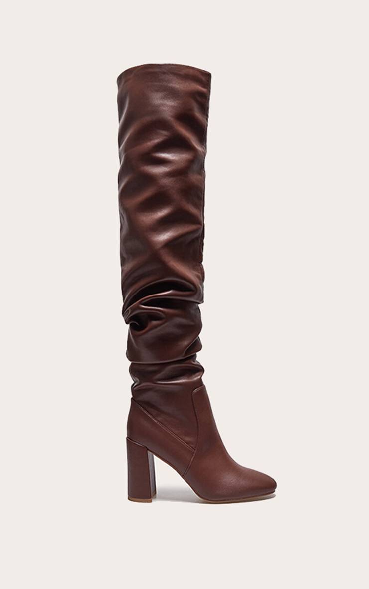 Marron Bottes Cuissardes À Bout Rond Froncées En Synthétiquecuir Avec Talon Bloc
