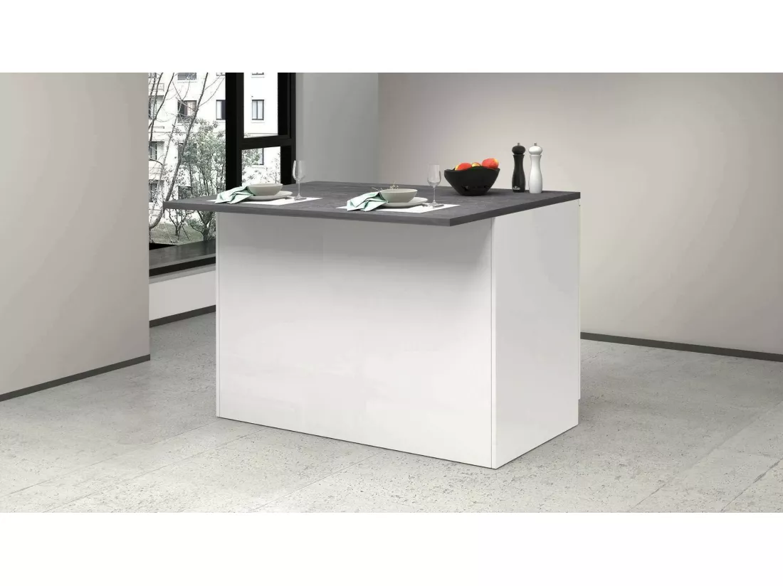 Îlot de cuisine Daffaticat, Armoire polyvalente, Meuble de kitchenette, Table auxiliaire, 100% Made in Italy, 125x90h90 cm, Blanc brillant et ardoise