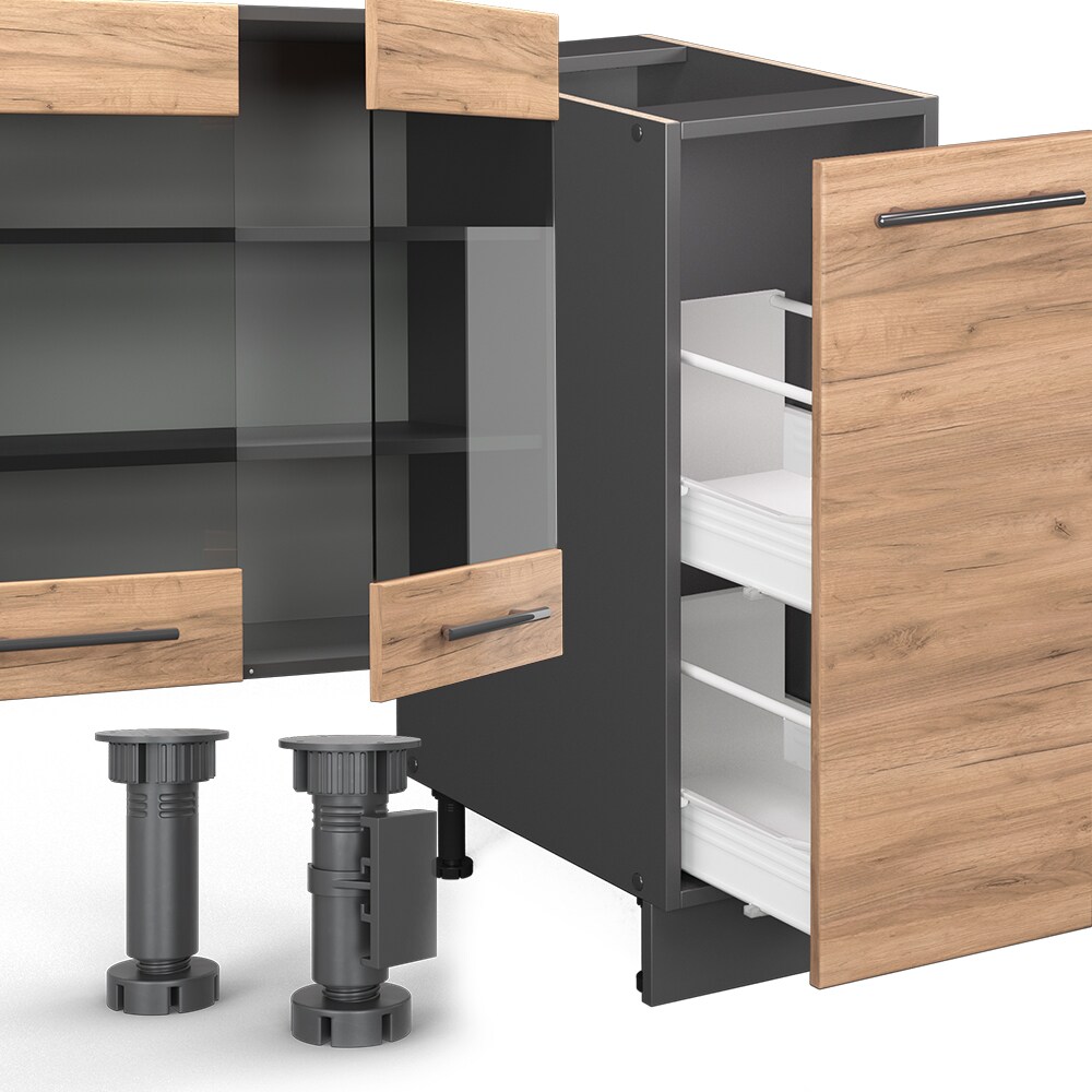 Vicco Küchenzeile Küchenblock Einbauküche Fame-Line Anthrazit Eiche 280cm modern Küchen Schränke Spülenunterschrank Unterschrank Schubunterschrank Hängeschrank Mikrowellenschrank Apothekerunterschrank