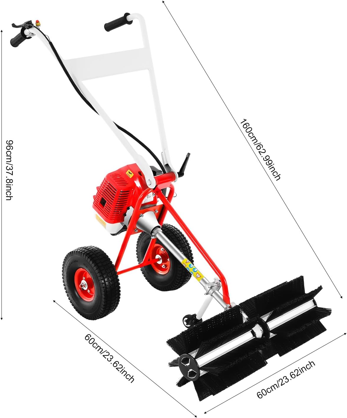 Benzingetriebener Rasenkehrer, Zweitakt 43cc 1,7PS Laubbläser mit 60cm Arbeitsbreite, 8500 U/min Schiebe-Rasenkehrmaschine für Laub Reinigung auf Gehwegen, Rasen, Einfahrten & Golfplätzen