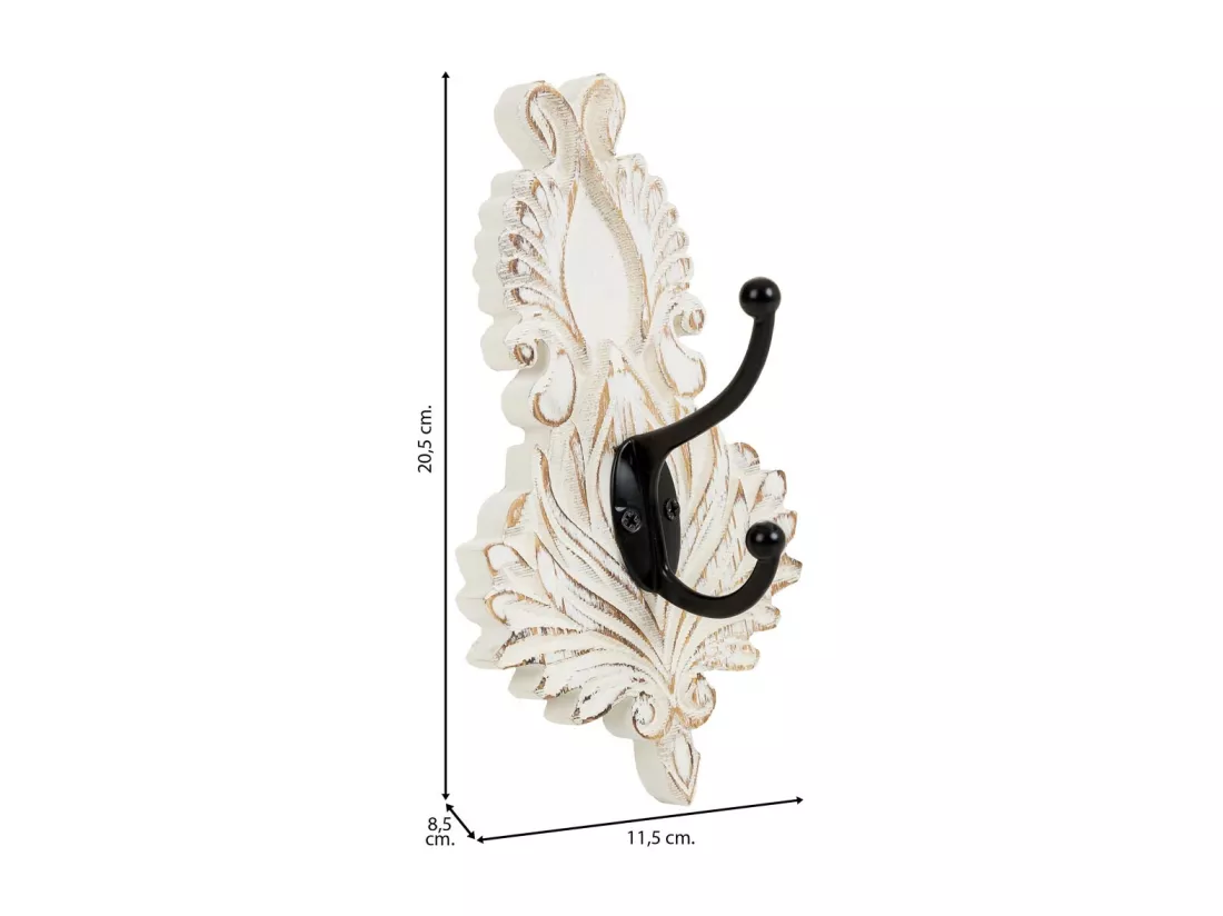 Patère murale en bois sculpté blanc 11.5x8.5x20.5h