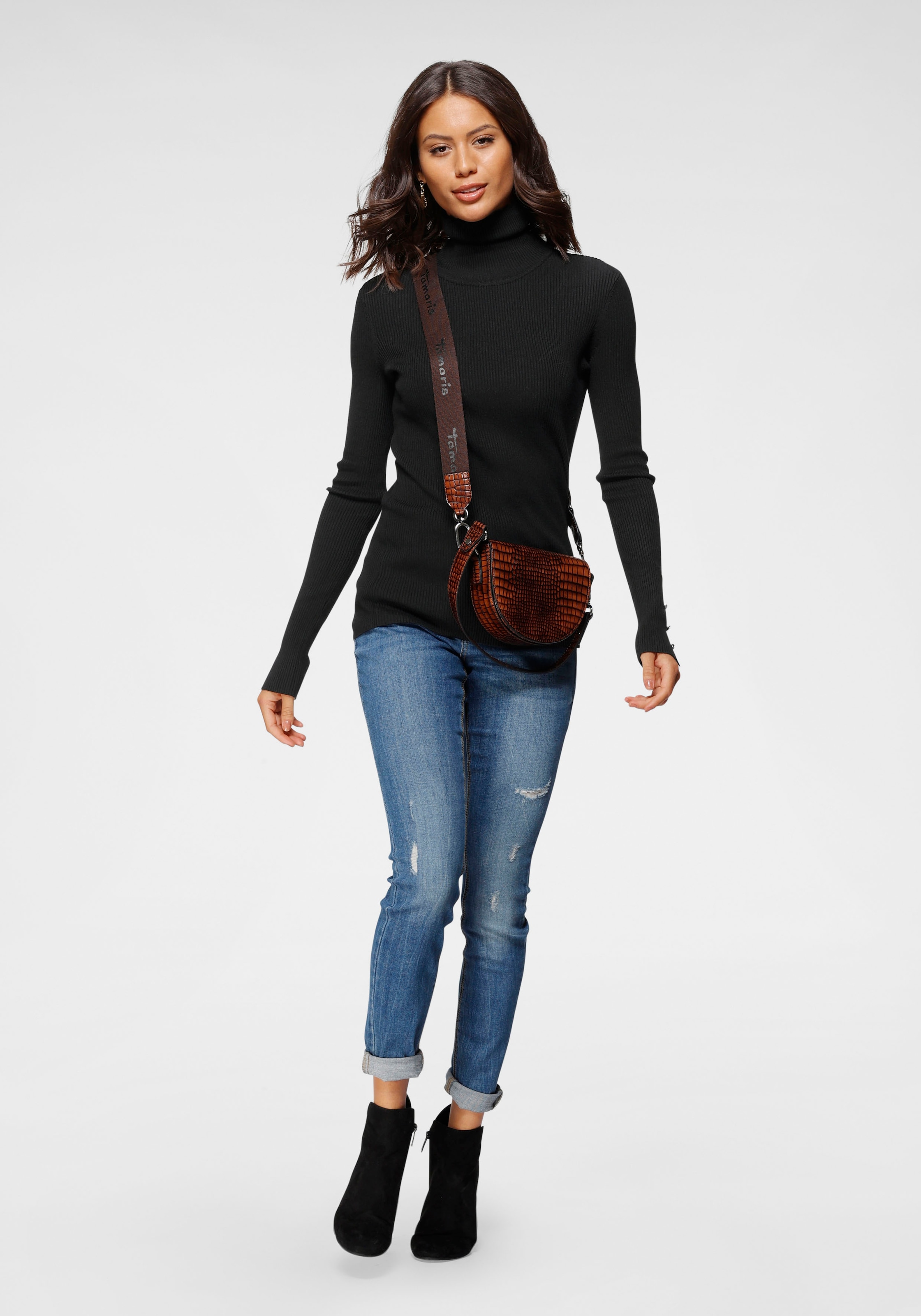 Laura Scott Rollkragenpullover , mit Wellenkante und Zierknöpfen