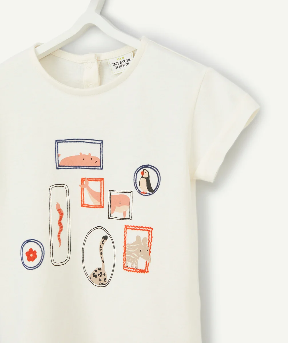 T-SHIRT BÉBÉ FILLE EN COTON BIO ÉCRU AVEC MOTIFS ANIMAUX