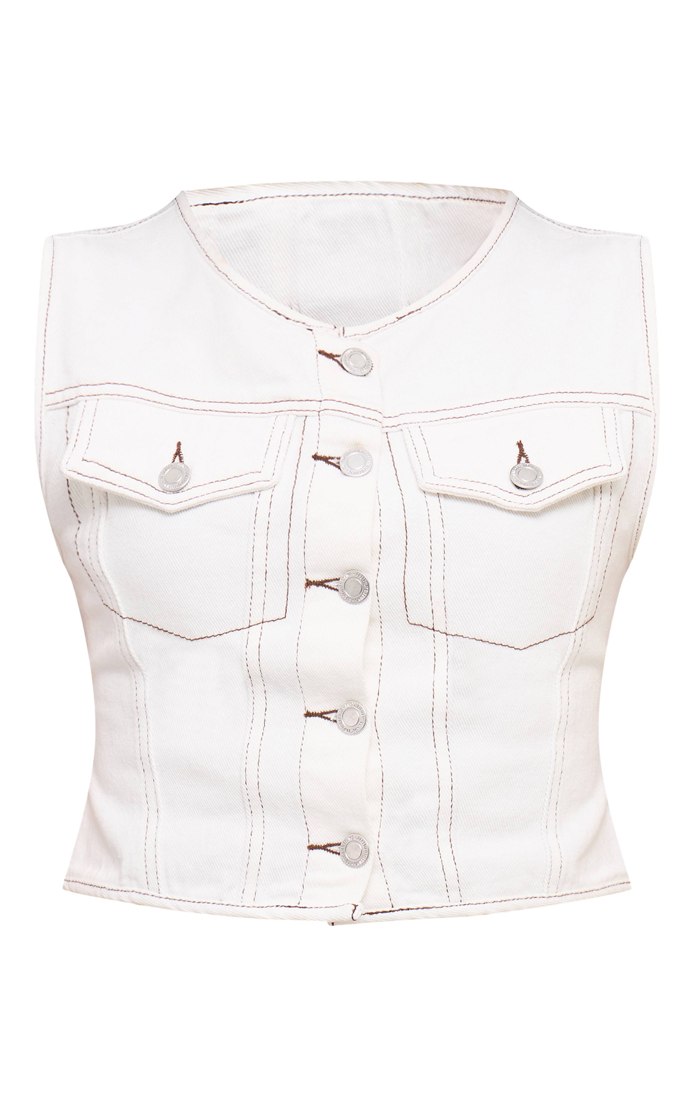 Blanc Top Court En Jean Sans Manches Col Rond Avec Détails Boutonnés