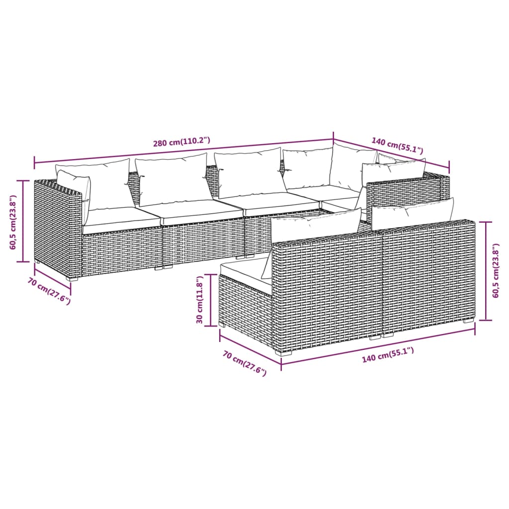 Salon de jardin meuble d'extérieur ensemble de mobilier 7 pièces avec coussins gris résine tressée