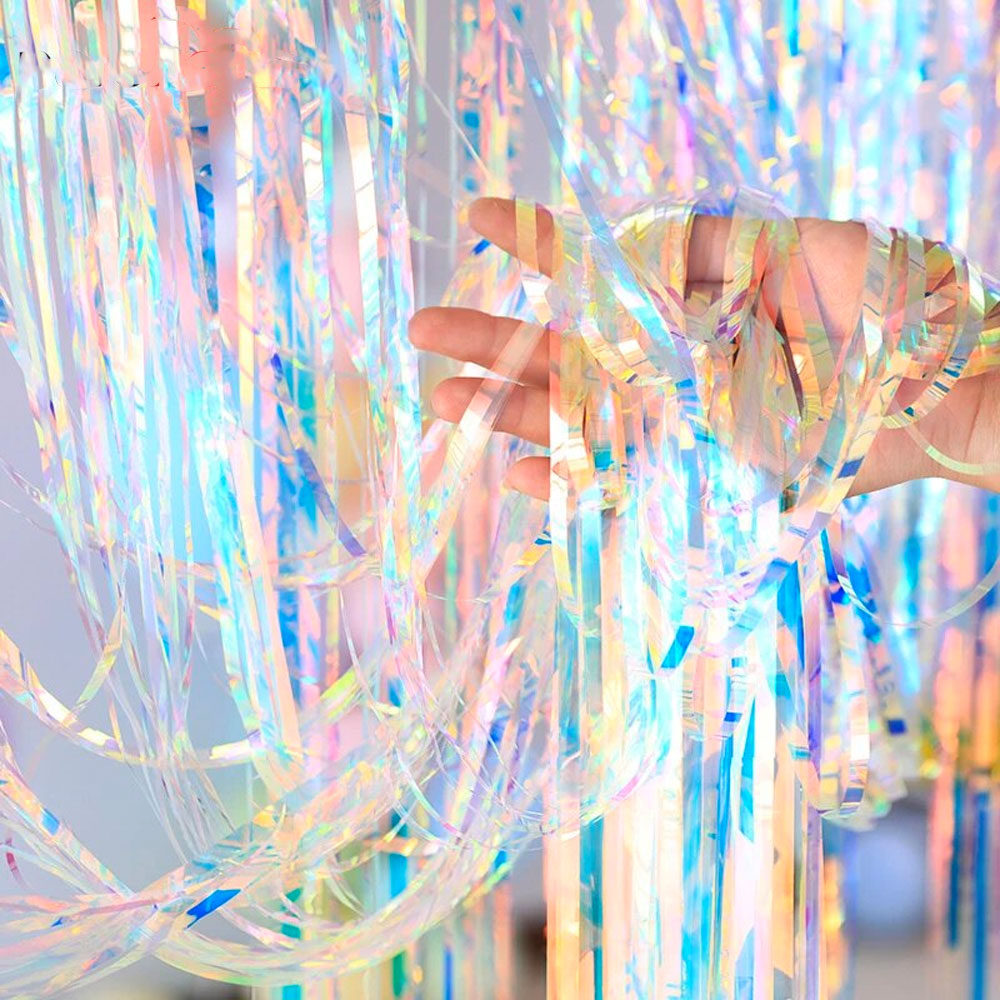 (2x1m) Party Deko Holographischer Lametta Vorhang Glänzender Fransen Vorhang Foto Hintergrund - Blau