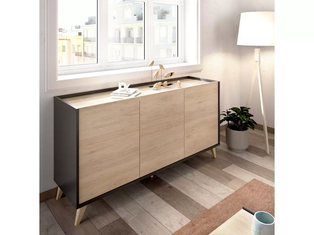 Buffet Dadop-vous, Buffet de salon, Buffet de salon moderne avec 3 portes, 155x43h75 cm, Chêne et Anthracite
