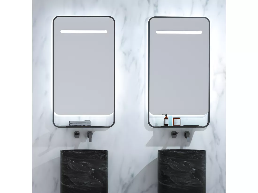 Miroir Salle de Bains Lumineux CONCEPT Anti-Buée et Éclairage Périmétral Triled Chargeur Induction Noir Mat 100x90cm LEDIMEX by SANIZÉO