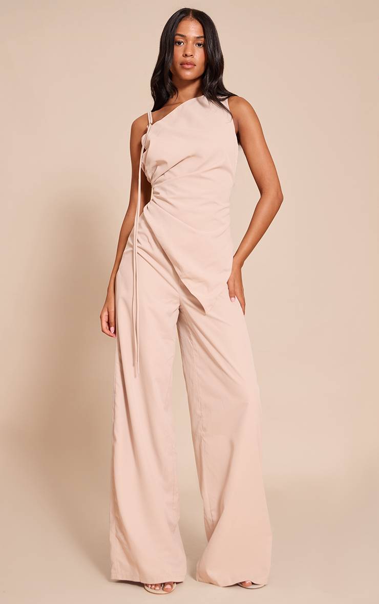 Crème Combinaison Pantalon Grande Taille Tissée Asymétrique À Jambes Larges
