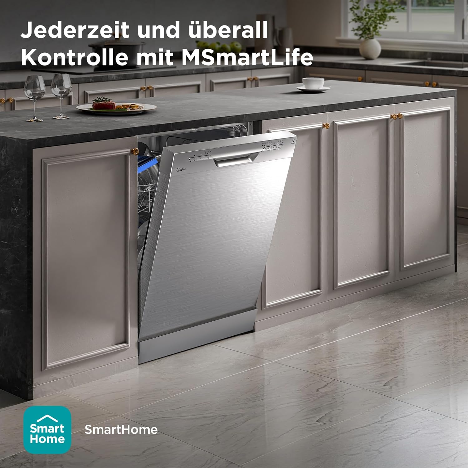 Midea Geschirrspüler 60cm Freistehend, SF 3.60N PRO Spülmaschine mit WLAN, 14 Maßgedecke, Geschirrspüler Unterbaufähig, 5 Programme, Höhenverstellbarer Oberkorb, 47 dB, Inox