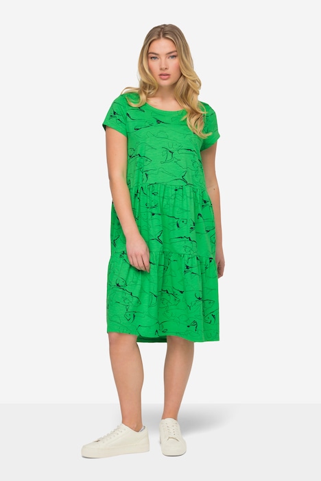 Jerseykleid, A-Line, Fische-Print, Rundhals, Volants, Halbarm