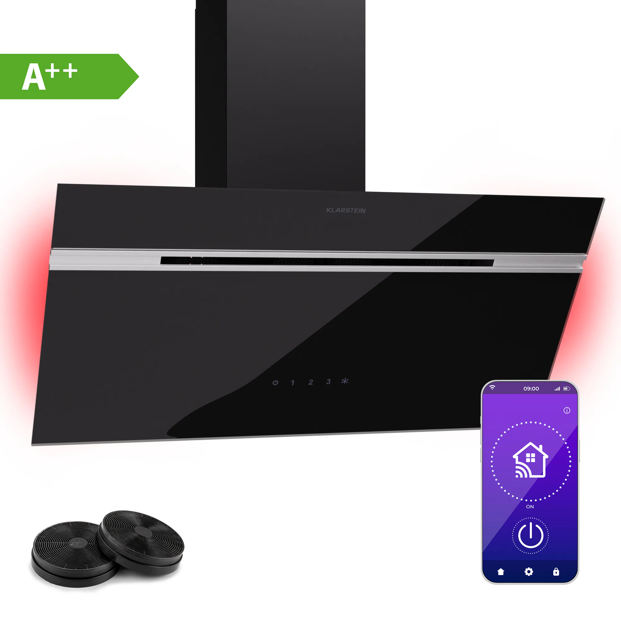 Alina Dunstabzugshaube 80 cm 600 m³/h LED-Display Ambientelicht Glasfront Schwarz