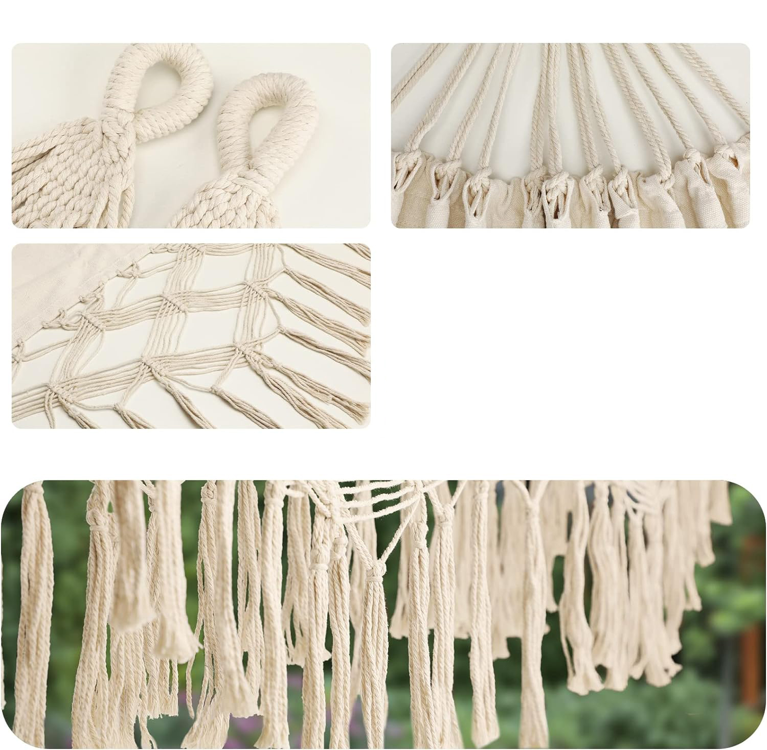 (260x150cm) Canvas Outdoor Hängematte Garten Hängeliege mit Makramee Quasten inkl. Aufbewahrungs Beutel - Beige