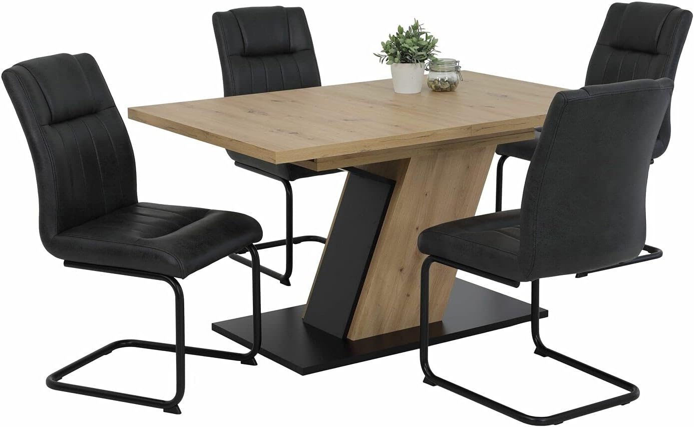 Hela Tische, Säulentisch Esstisch Jeanette, Holzwerkstoff, Dekor Artisan Eiche, Bodenplatte Schwarz, Synchronauszug 140-180x90cm