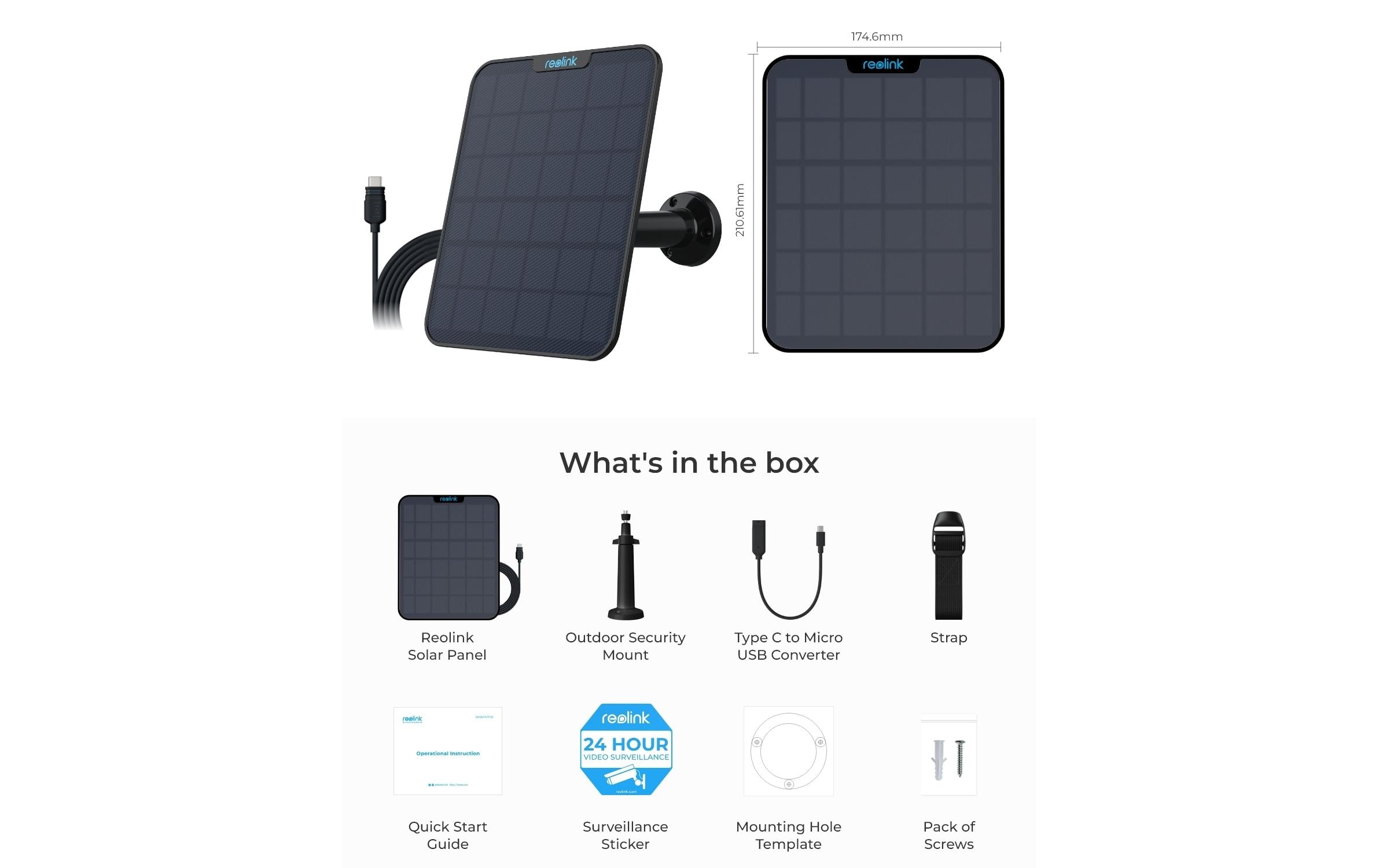 Solarpanel 2 mit USB-C AnschlussFür alle Reolink Kameras mit Batterien sowie Micro-USB oder USB-C Anschluss, mit Zubehörteile für die Montage – Schwarz