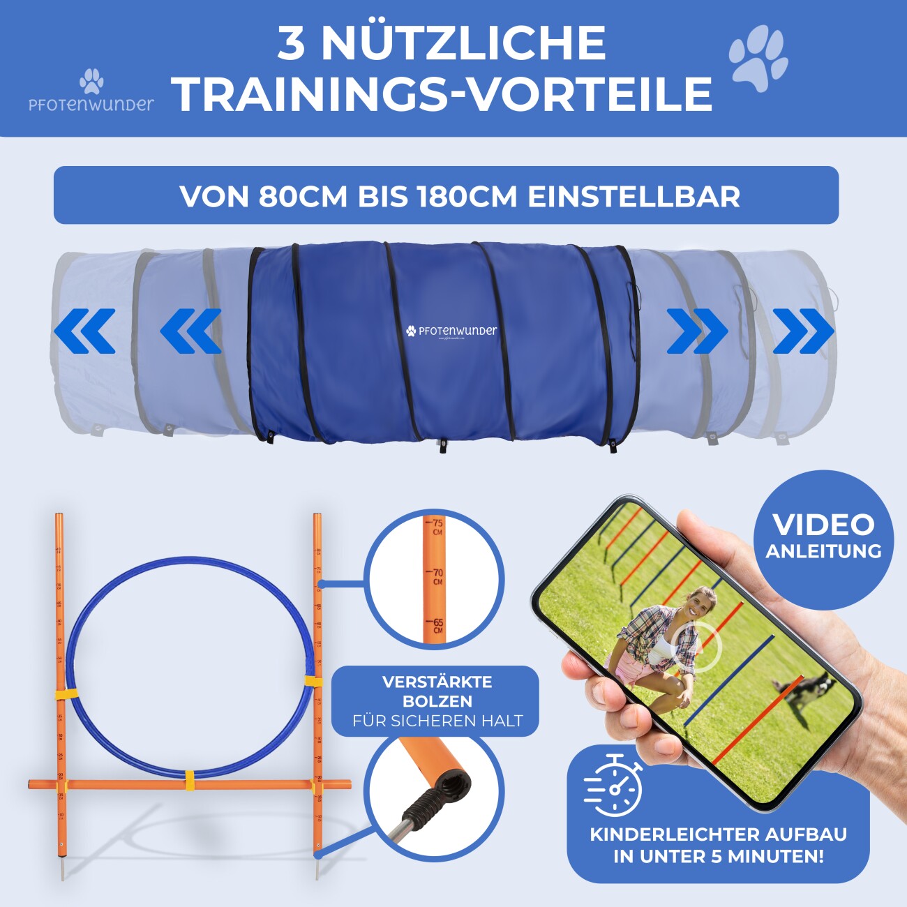 PfotenWunder® 9-in-1-Agility Set Hunde groß + 21 Min. HUNDESCHULE - 6 Slalomstangen, 1 Tunnel, für kleine & große Hunde, Training Sport Spielzeug Cavaletti Parcour Steckhürdenset Zubehör Hürden