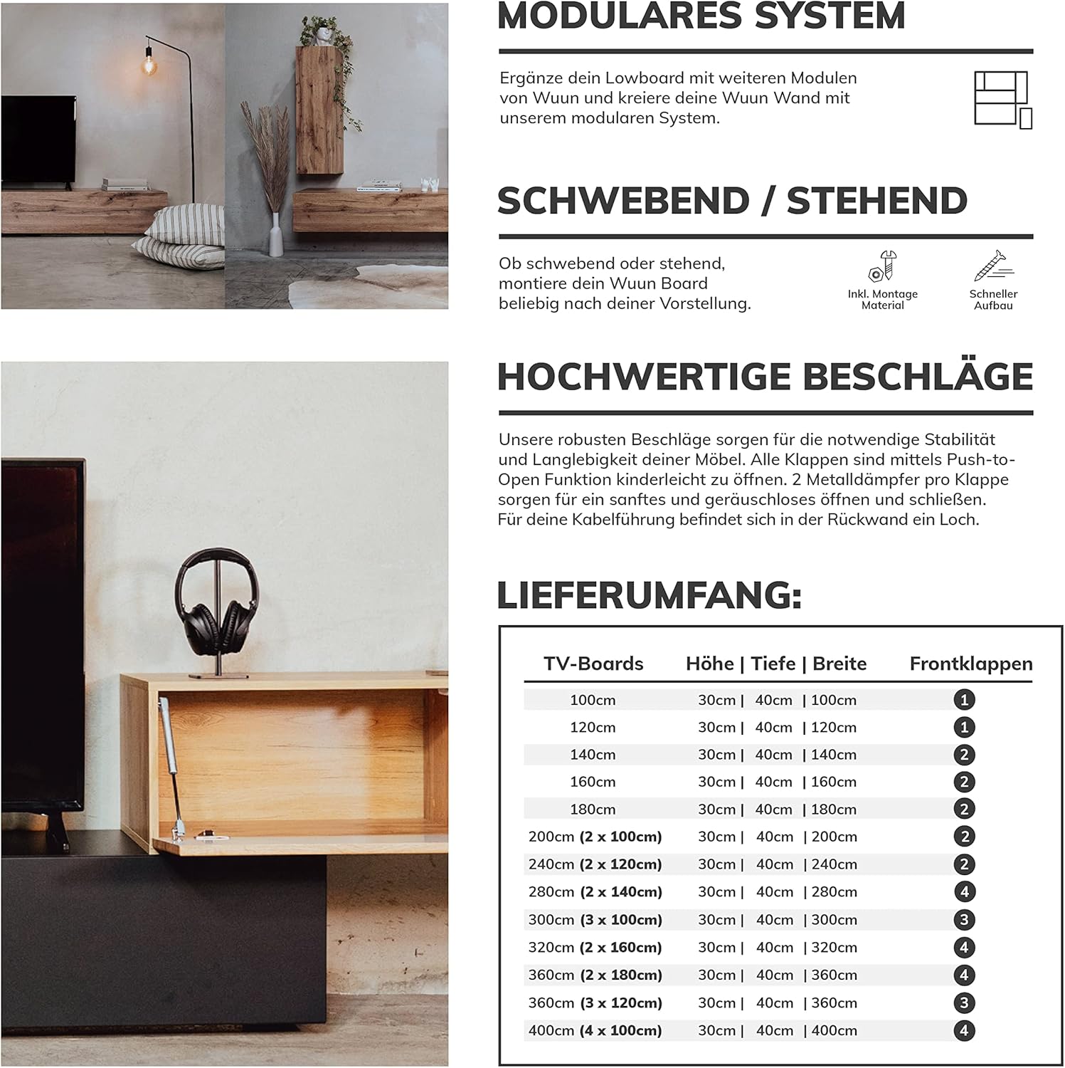 Wuun® TV-Lowboard Somero I 100cm bis 360cm I TV-Schrank & Hängeschrank für Wohnzimmer I Verschiedene Varianten