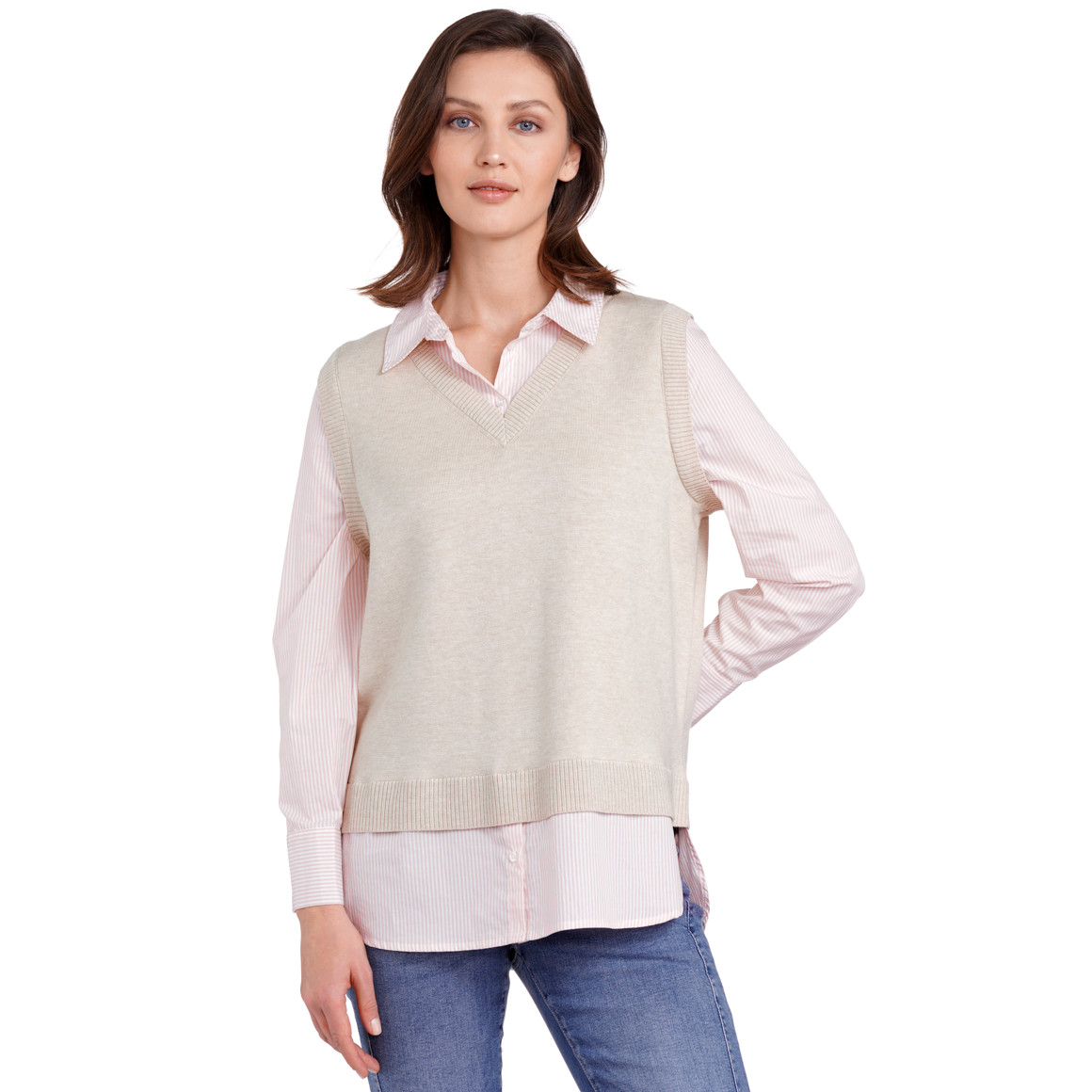 Gina Benotti Damen Strickpullunder im Layer-Look creme