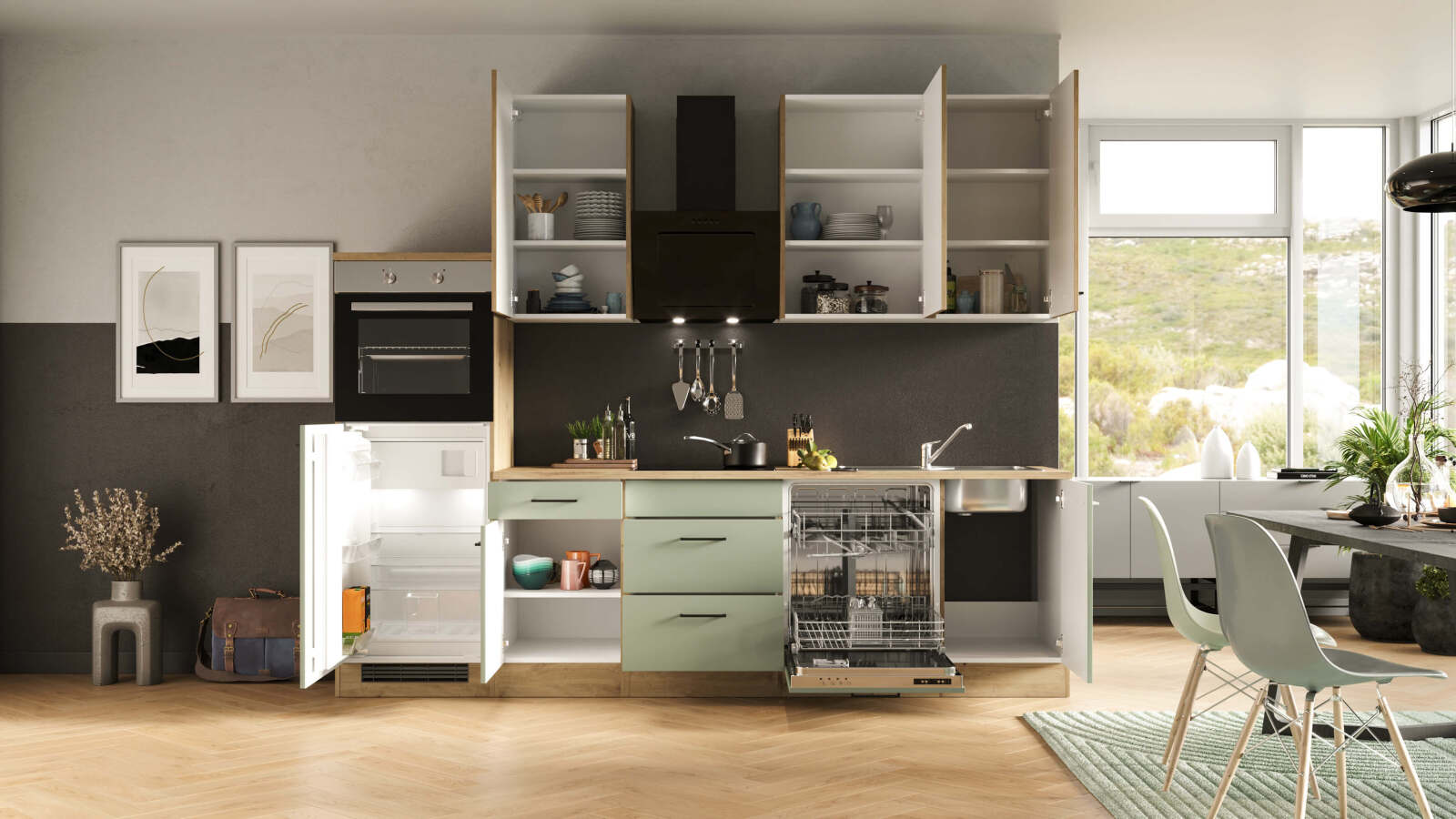 Küchenblock CARA - schilfgrün - Artisan Eiche - mit E-Geräten - 280 cm