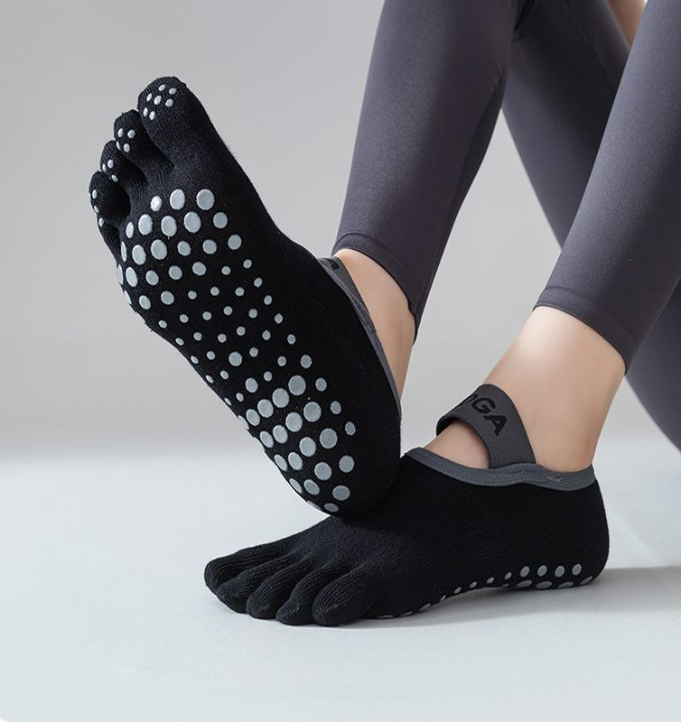 (1 Paar) Anti-Rutsch Baumwoll Zehentrenner Pilates Yoga Sport Socken (One Size) - Schwarz