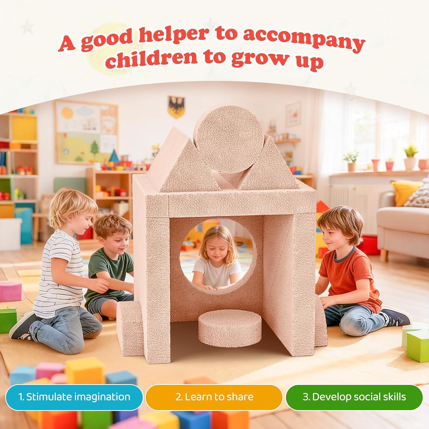 Suhu Spielsofa für Kinder Kindercouch Abnehmbar Ausklappbares Modulares Kindersofa Bausteine für Spielzimmer Schaumstoff Schlafzimmer Möbel DIY Rosa