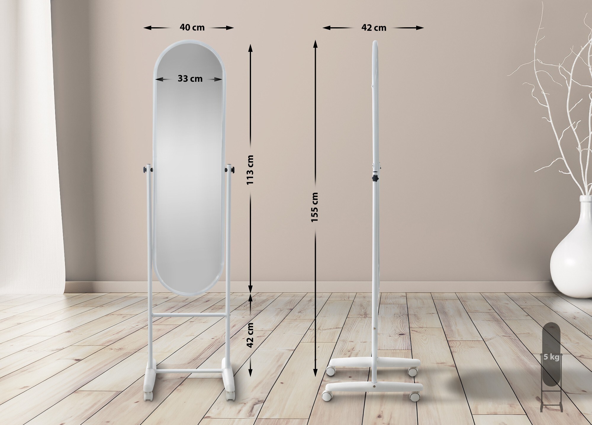 CLP Standspiegel Nane Oval I Stehspiegel 155x40 cm I Für Wohnzimmer Oder Schlafzimmer I Neigbar, 360° Drehbar I Ganzkörperspiegel Mit Rollen