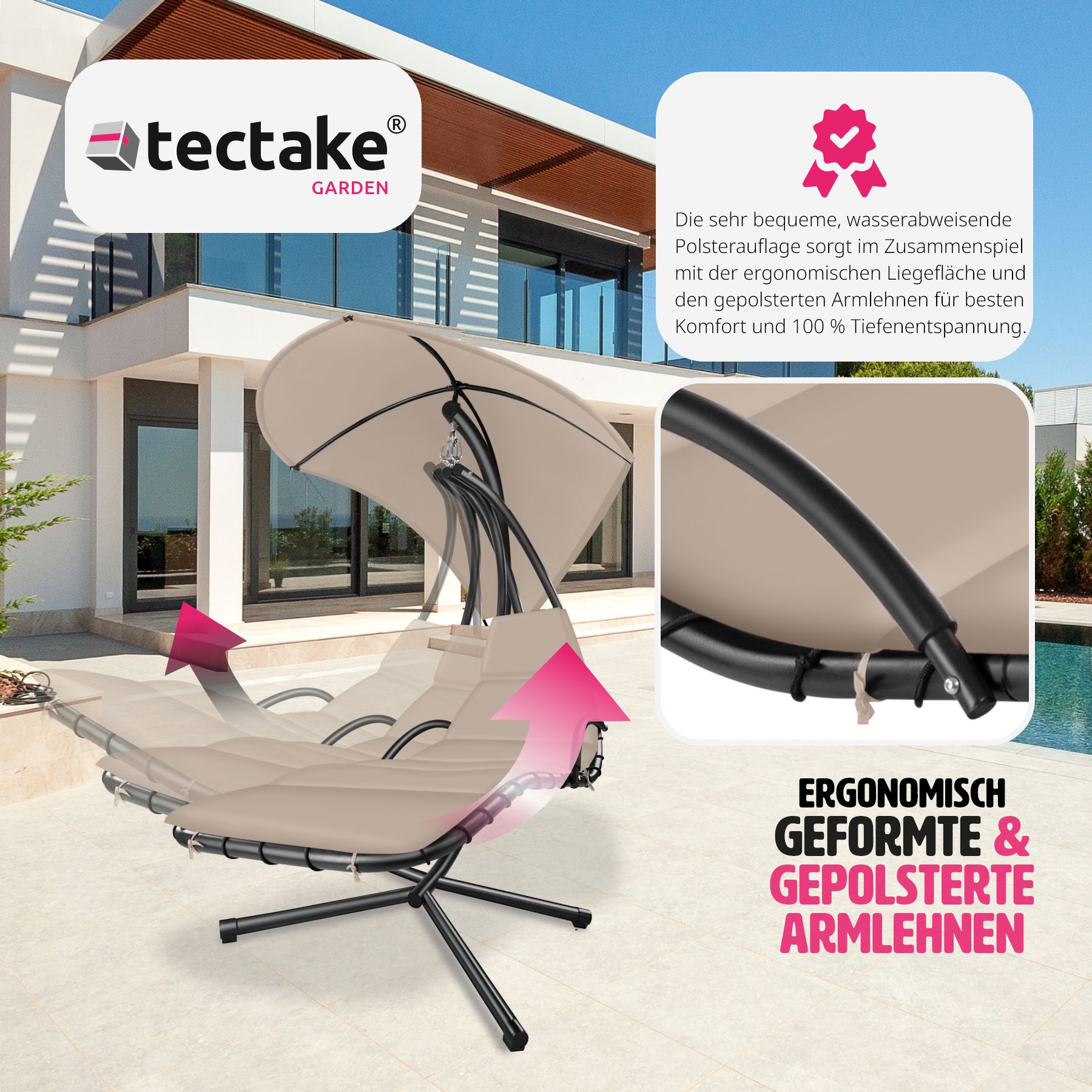 tectake® Hängeliege, großes Sonnendach mit UV-Schutz, ergonomisch, 195 x 132 x 197 cm, mit Seitentasche
