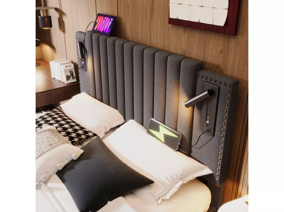 Lit coffre 180x200cm en tissu de cotton - avec lampes de lecture et Ports de charge USB - avec sommier à lattes - Gris
