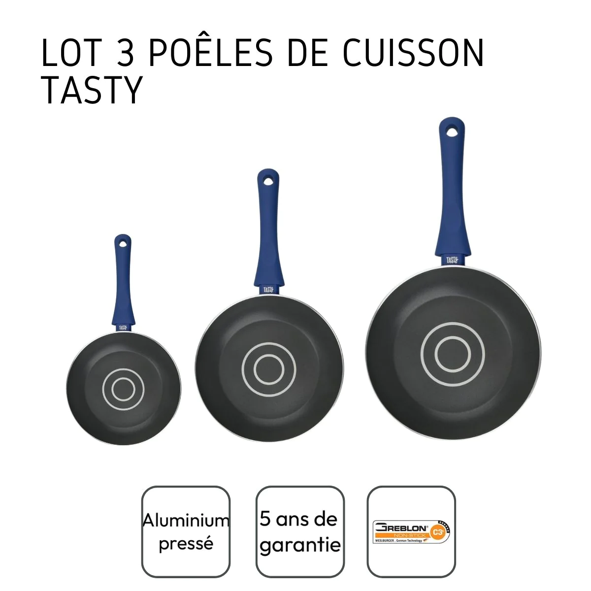 Set de 3 poêles à frire avec doseur d'huile 20 cm + 24 cm + 28 cm Cass