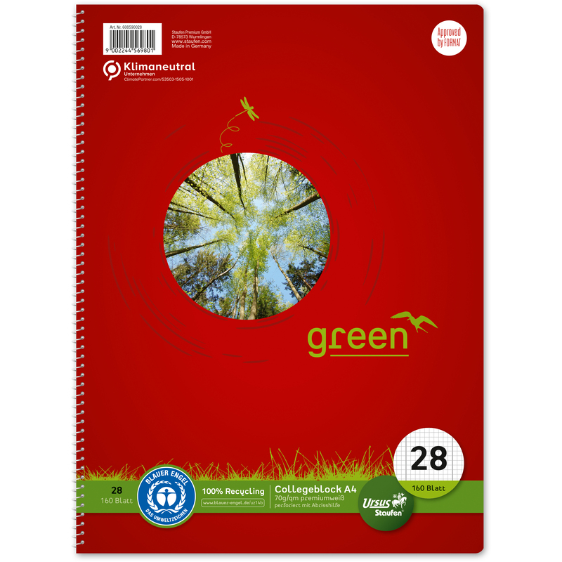 Ursus Green Collegeblock, A4, kariert 5 mm mit Rand, rot