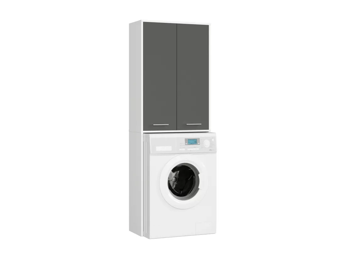 Meuble pour machine à laver FIN Blanche 64 cm 2 portes façade Gris Graphite 4 étagères 64x30x180 cm