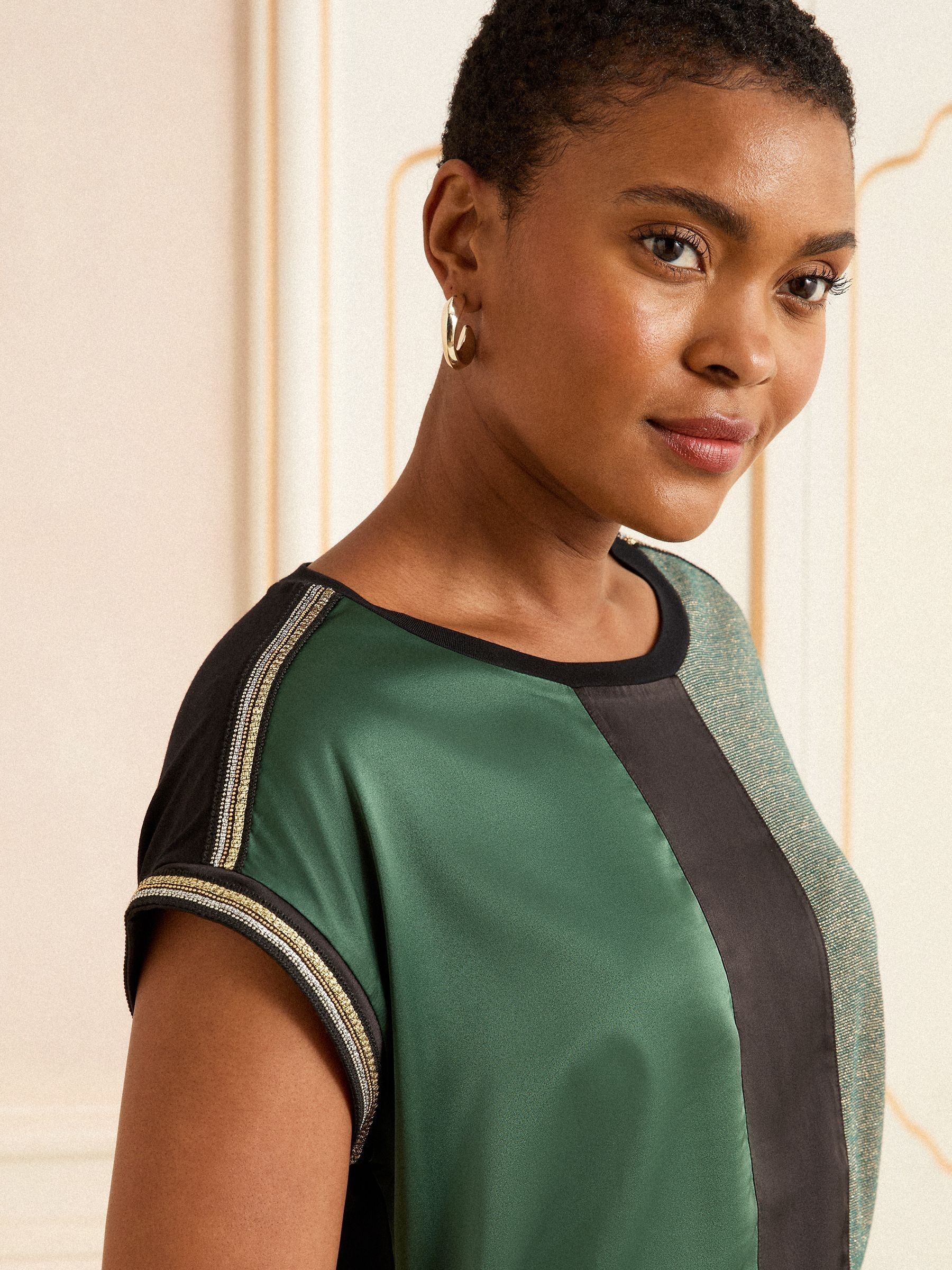 Green and Black Embellished Cuff Satin Front - Love & Roses Satin Front V-Neck Short Sleeve Top