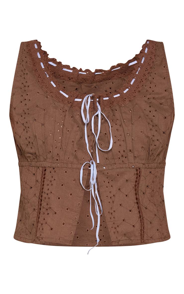 Marron Haut Co-ord Bardot À Broderie Anglaise Avec Détails À Nouer