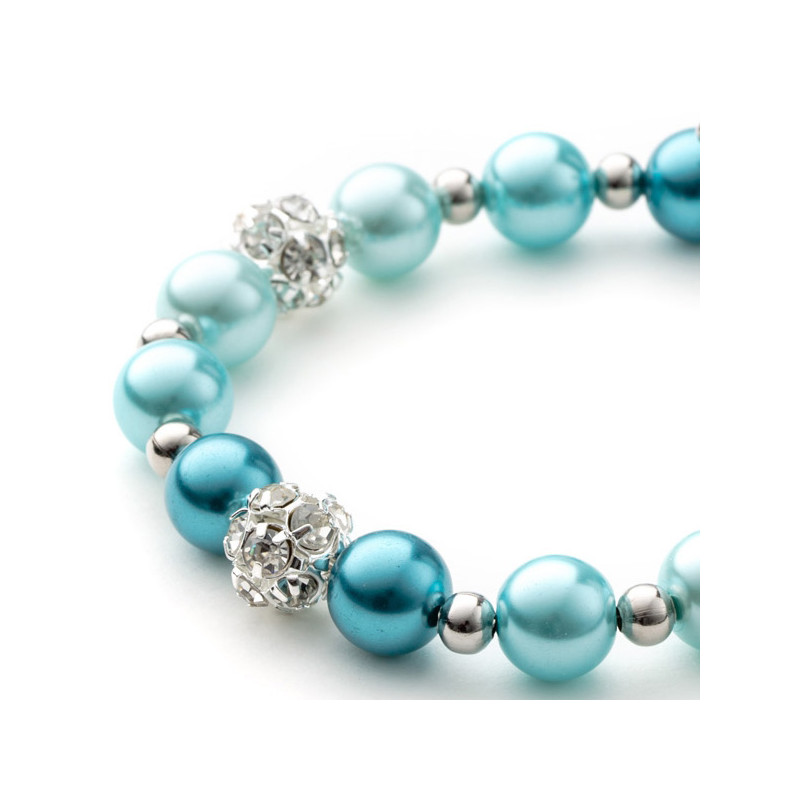 Bracelet 1 Rang en Perles Bleues, Cristal et Plaqué Rhodium