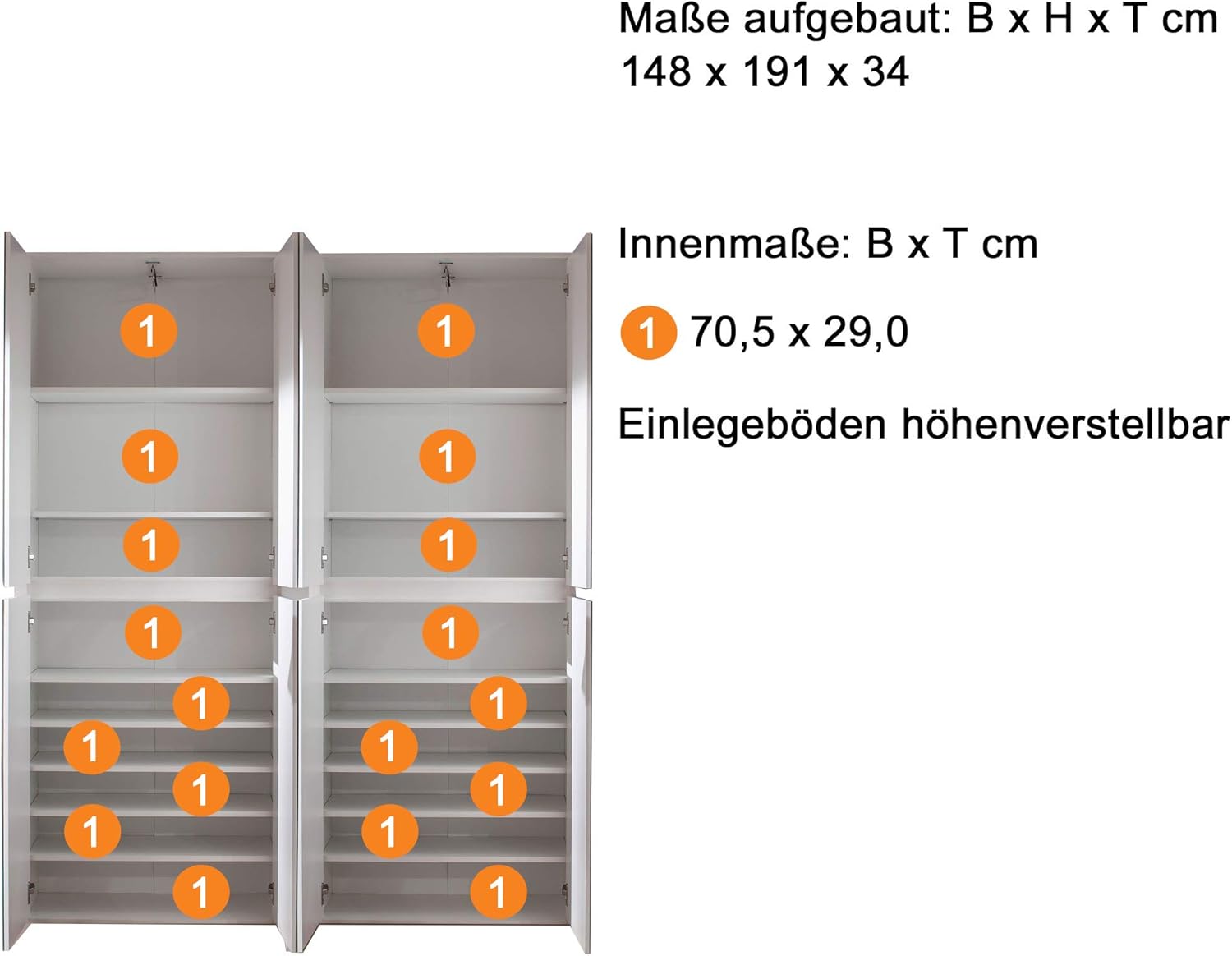 trendteam smart living - Mirror - Garderobenschrank - Weiß - Mehrzweckschrank mit reichlich Stauraum - (BxHxT) 148 x 191 x 34 cm - 2 Kleiderstangen und 12 Einlegeböden - Kratzfest