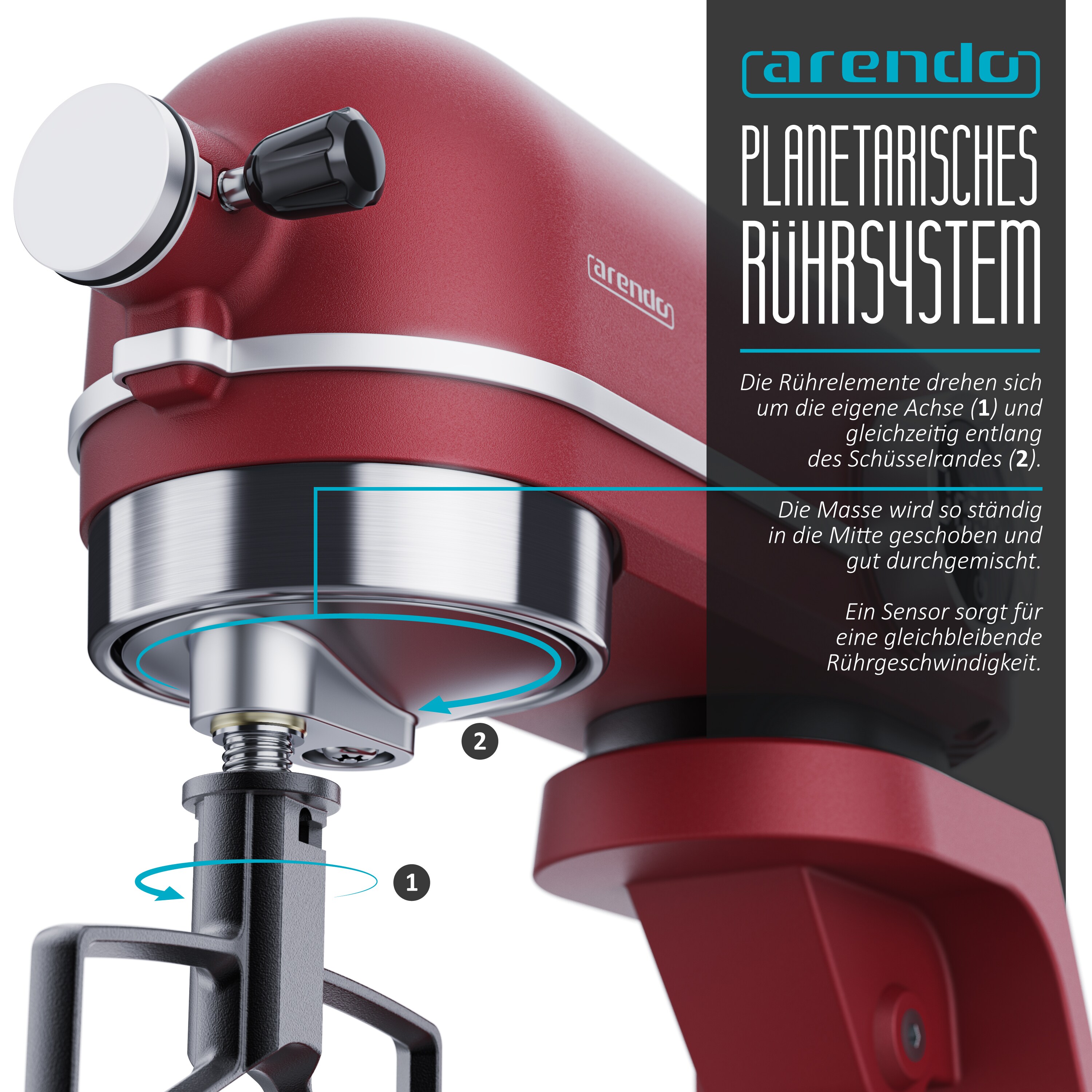 Arendo Küchenmaschine 800W mit Display, 8 Geschwindigkeitsstufen, 5l Edelstahl-Rührschüssel, inkl. 3 Rührwerkzeuge, Rot