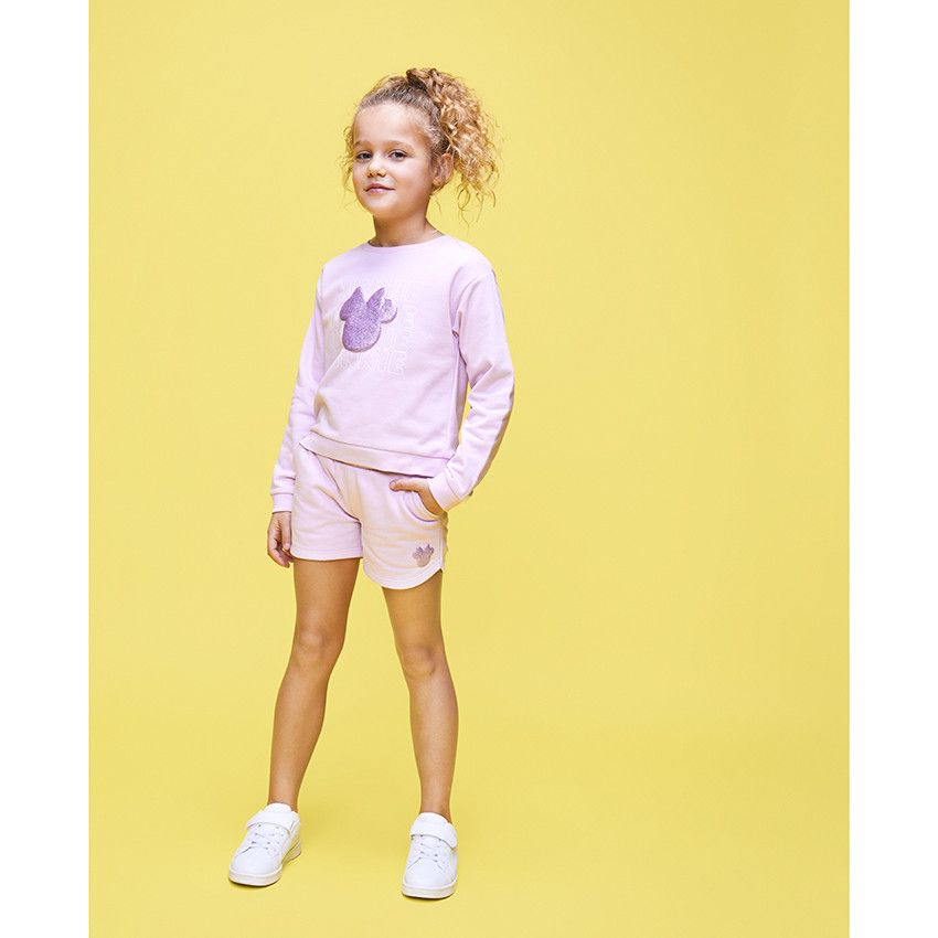 Ensemble sweat print glitter en relief + short Minnie Disney pour fille - Lilas