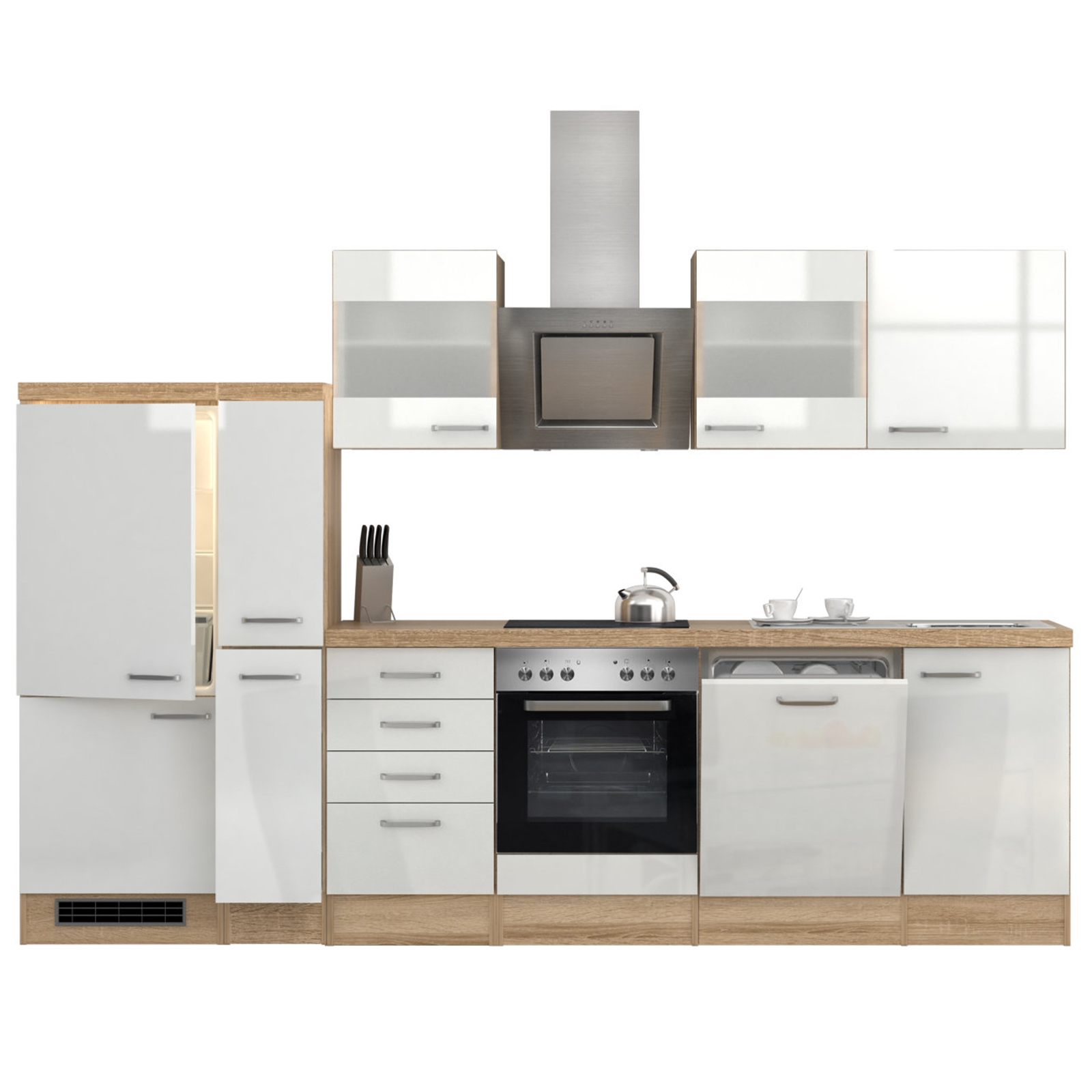 Küchenblock VALERO - weiß Hochglanz-Sonoma Eiche - mit E-Geräten - 310 cm