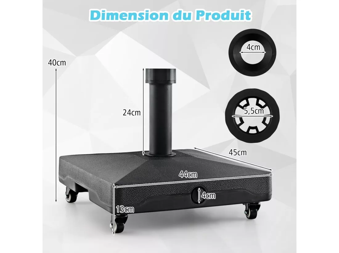 Pied de Parasol Carré, Base de Lestage en HDPE avec 4 Roues Universelles Verrouillables, Support de Parasol Robuste, Charge 16 KG d'eau ou 24,5 KG de Sable, 45 x 44 x 40 cm (L x l x H)