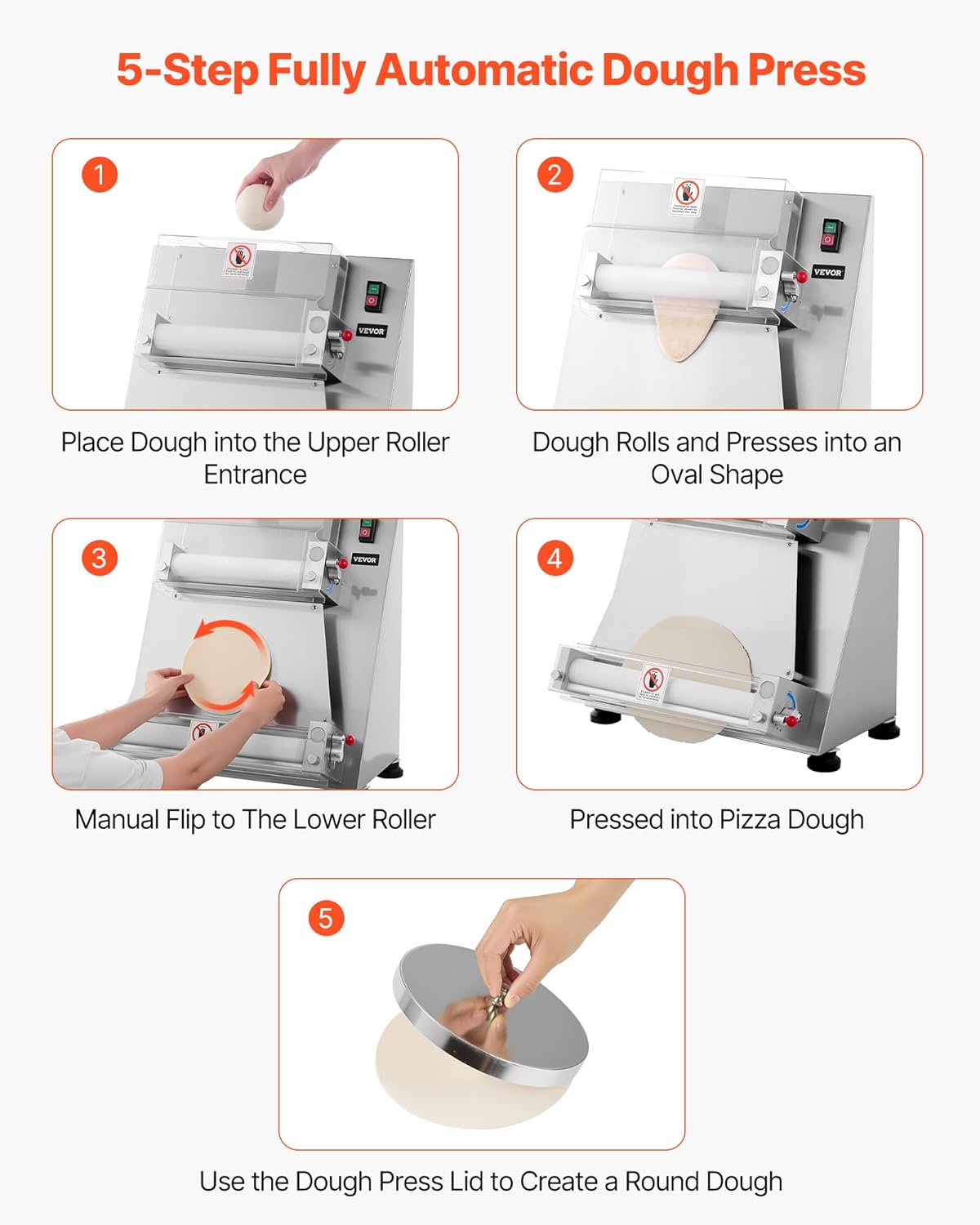 VEVOR elektrische Pizzateigpresse 355,6 mm Gebäck-Pressplatte, Brotpresse 390 W aus Edelstahl, kommerzieller Chapati Presse, Formmaschine mit einstellbarer Dicke & Teigpressdeckel, 260 Stk./h