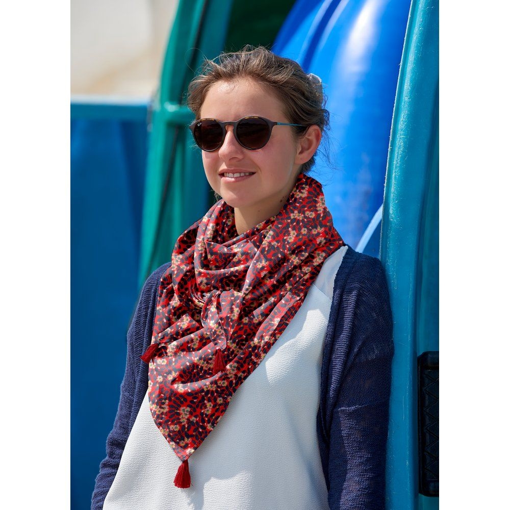 Foulard Pompon Feuillage Vermillon