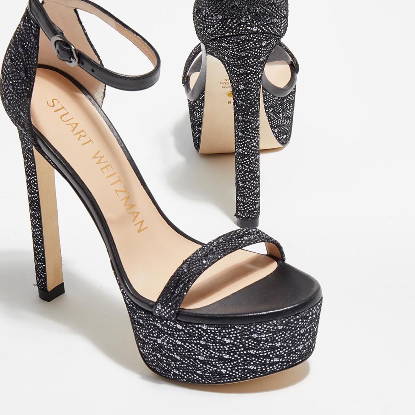 Stuart Weitzman Sandales Nudist Hollywood pailletées noir/argenté - Talon 14,5 cm