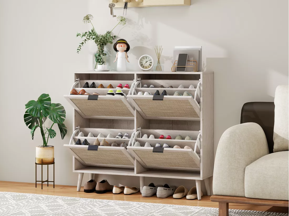 Meuble à chaussures rétro blanc à 4 portes, look en rotin, double étagère, 105 cm, avec fond arrière, idéal pour couloir et espaces similaires