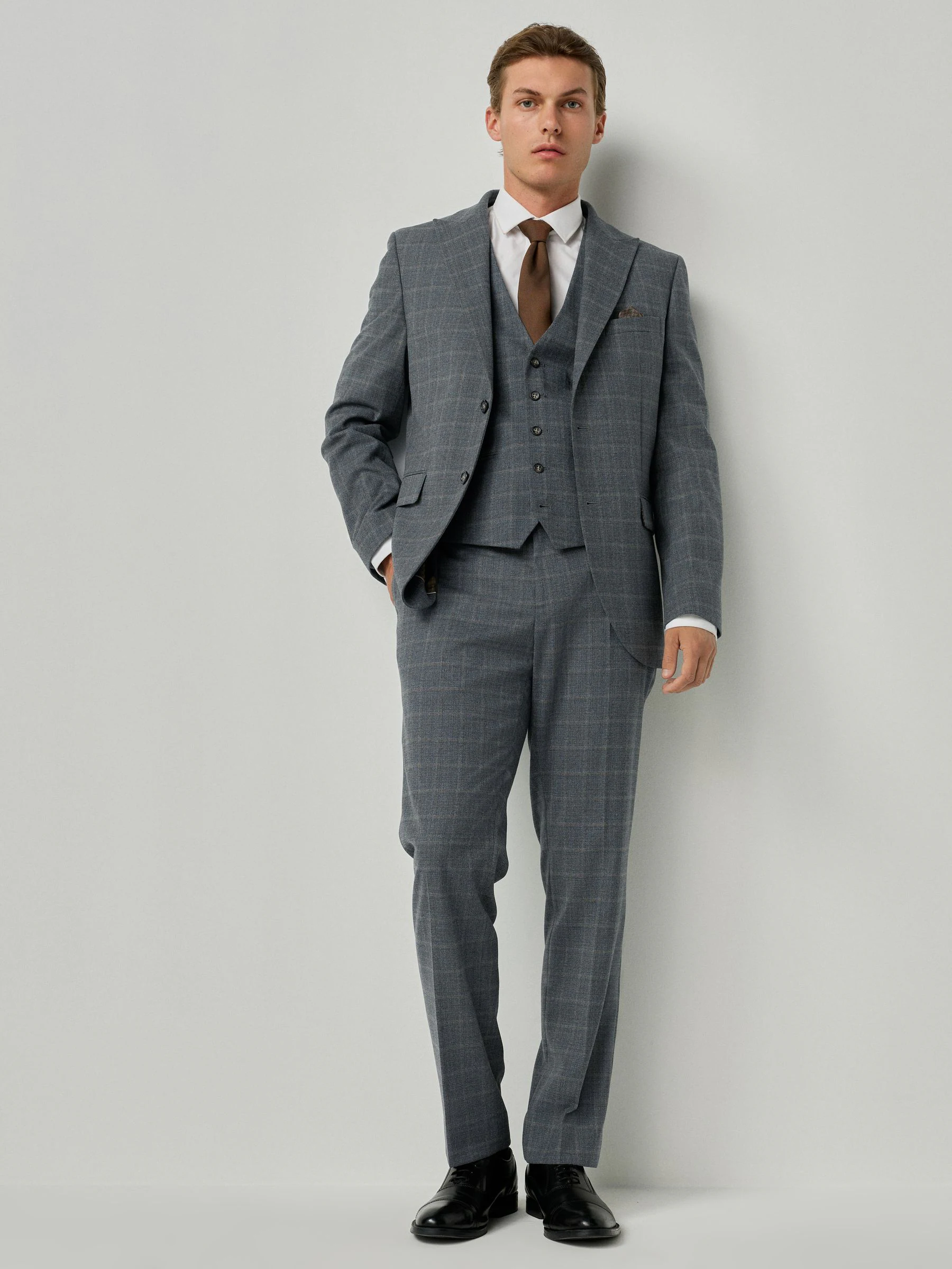 Grijs - Tailored Fit Check Flannel Suit Waistcoat