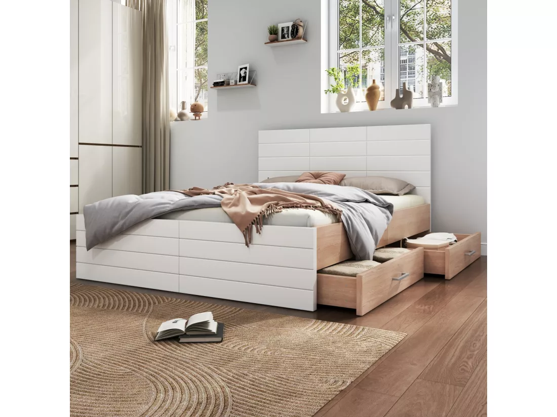 Lit avec rangements 180 × 200 cm - chêne - 2 tiroirs - blanc et grain de bois - 207×185x80cm