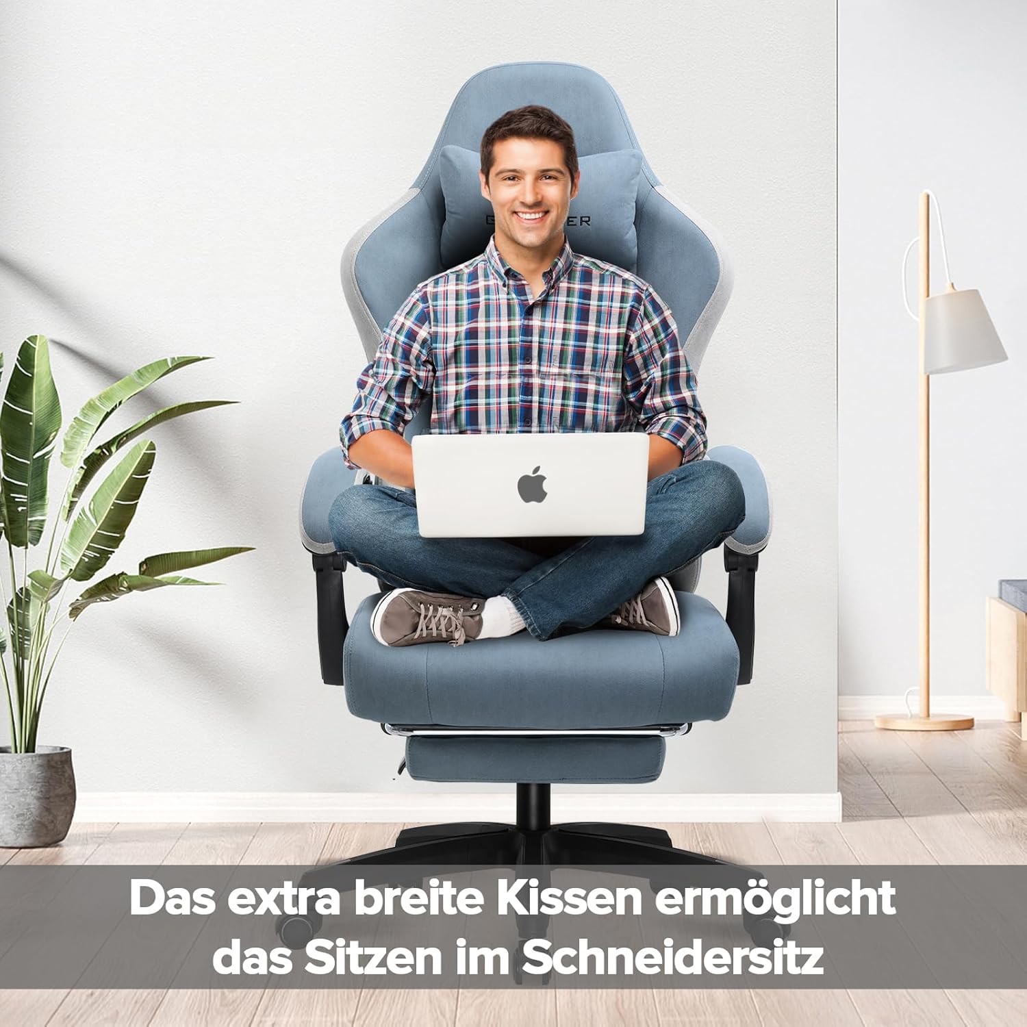 GTPLAYER Gaming Stuhl Ergonomischer Gaming Sessel Schreibtischstuhl mit Stoffoberfläche, Federsitzkissen, Verbindungsarmlehnen und Fußstütze Hellblau