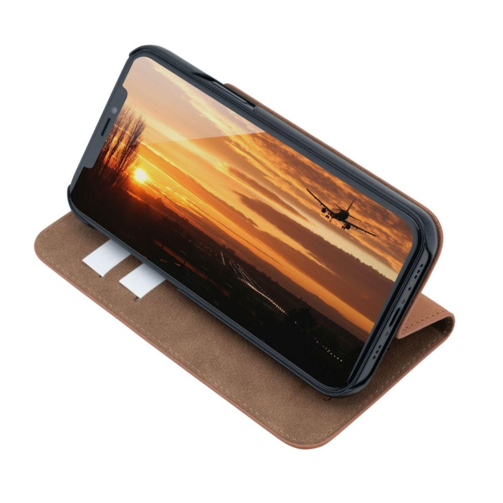 iPhone 13 Echtleder Bookcase Hülle Tegel (10753) - Braun (Cognac)