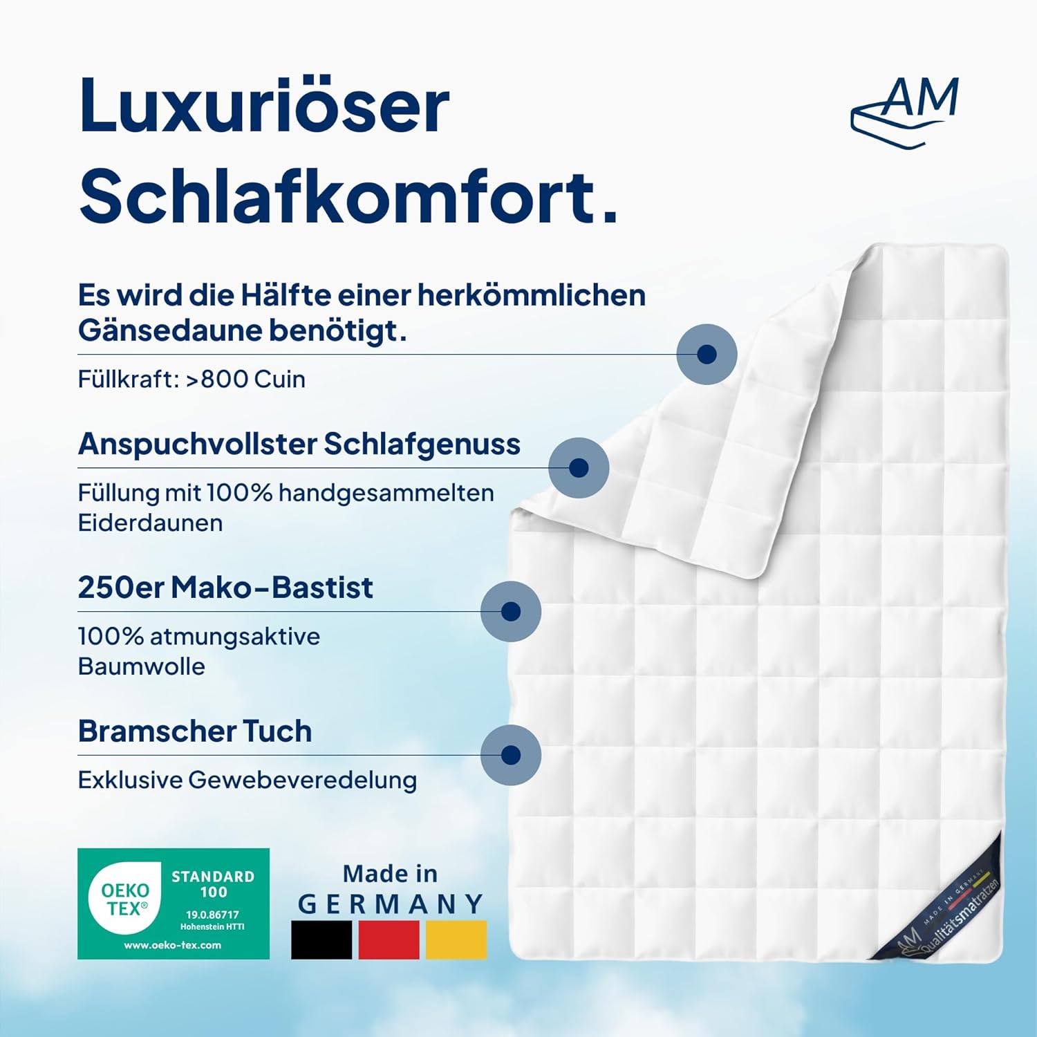 AM Qualitätsmatratzen Premium Eiderdaunendecke 135x200 cm - Made in Germany - Bettdecke 135x200 mit Eiderdaunen aus Island - Oeko TEX & Nomite zertfizierte Decke 135x200 mit Bezug aus Mako-Batist